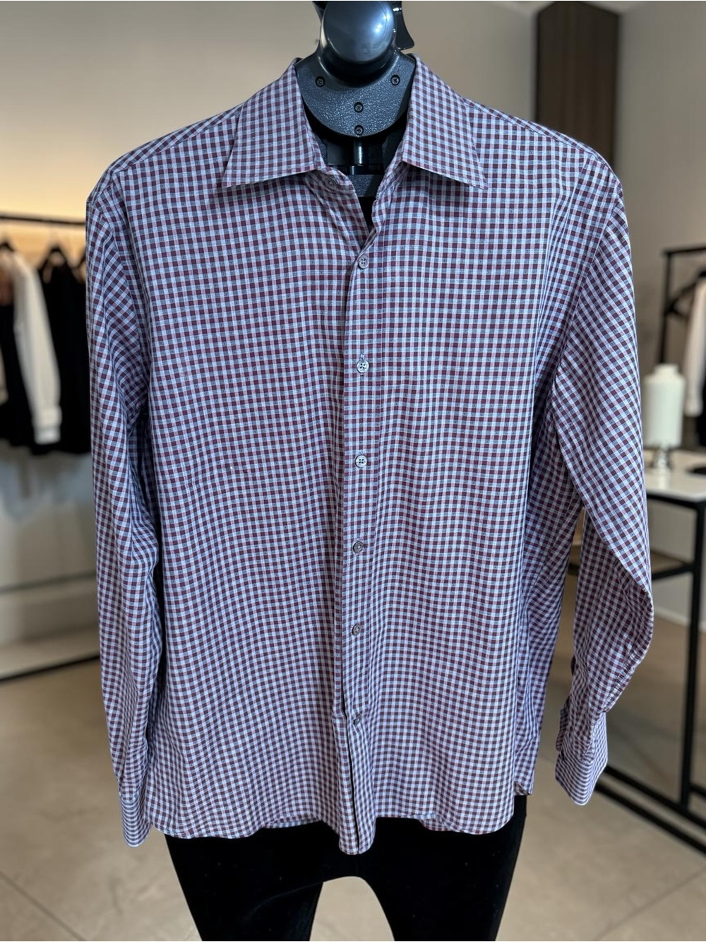 Canali 1934 Mens L Gingham Check Dress Shirt Burgundy Blue Made in Italy